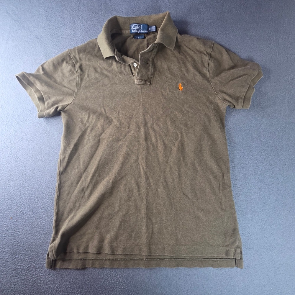 Polo Ralph Lauren Slim Fit Mesh Polo Shirt Olive Green Orange Pony Mens Medium